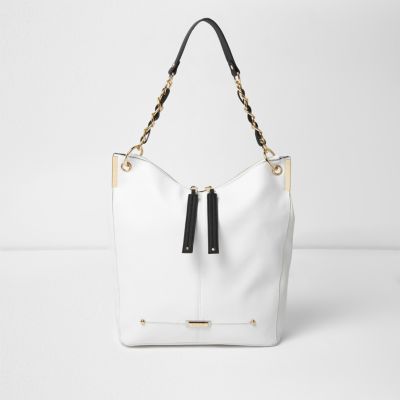 White and gold tone chain slouch tote bag